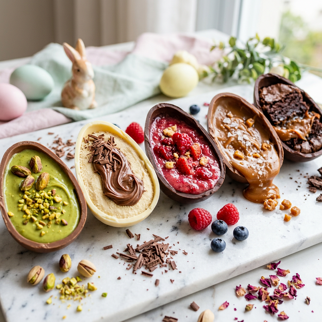 Ovos de Páscoa gourmet fit fatiados com sabores tendência: pistache, Ninho com Nutella, frutas vermelhas e doce de leite